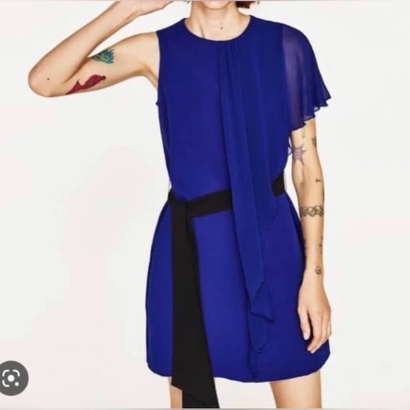 Zara Dresses & Skirts - Zara Crepe Blue Asymmetric Belted Mini dress size M